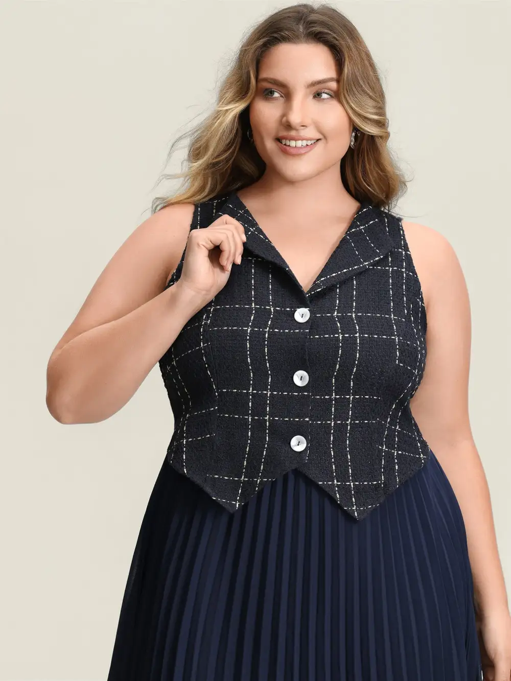 Plaid Pleated Skirt Contrast Vest Midi Dress