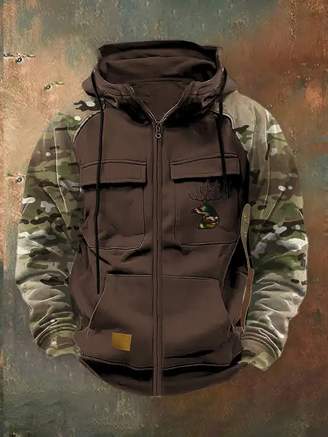 Men's Casual Retro Western Contrast Color Zipper Multifunctional Jacket