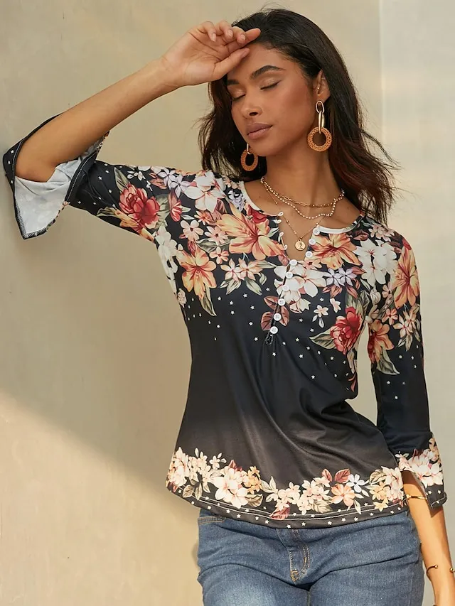 Women's Shirt Blouse Floral Button Print Holiday Basic 3/4 Length Sleeve Round Neck Black