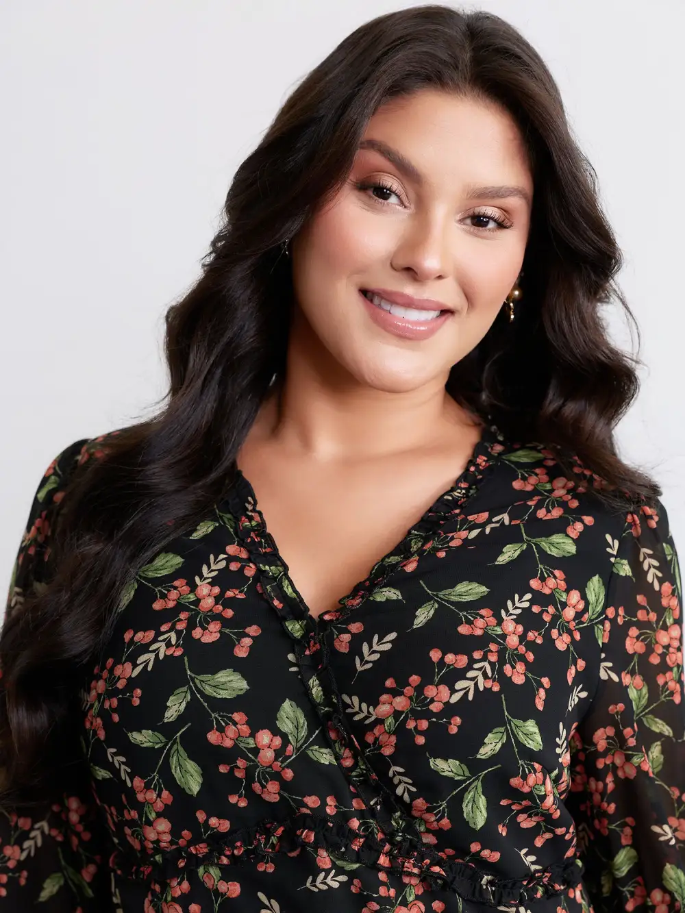 Chiffon Floral Ruffled Trim Pockets Midi Dress