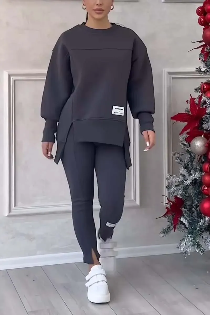 (NO PRINTING ON BACK) Women's Casual Solid Color Round Neck Long Sleeve Slit Hem Sweatshirt Leggings Set