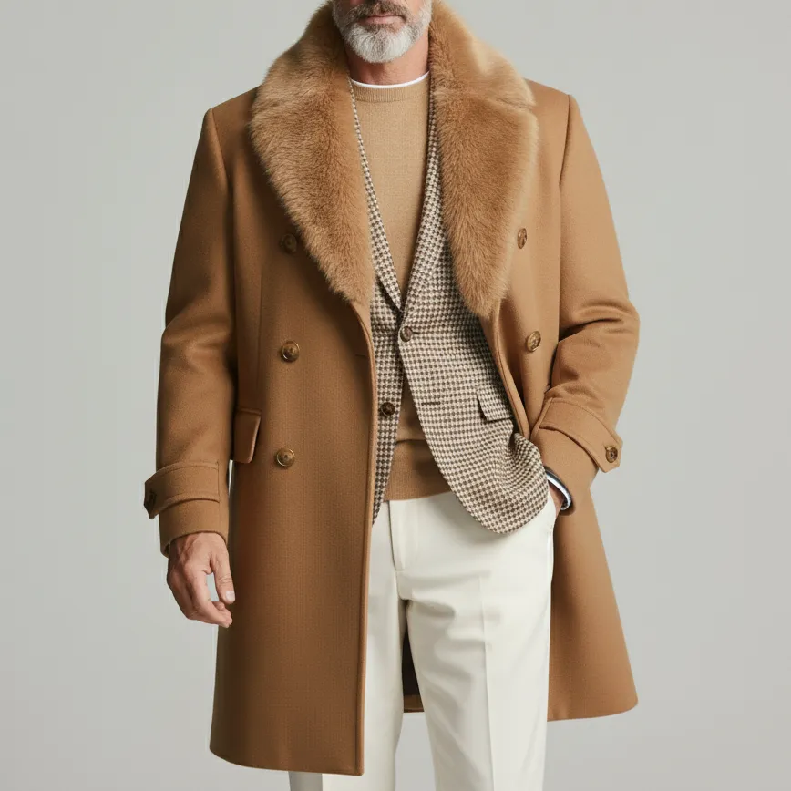 Men's Business Camel Double Breasted Furry Collar Long Sleeve Overcoat