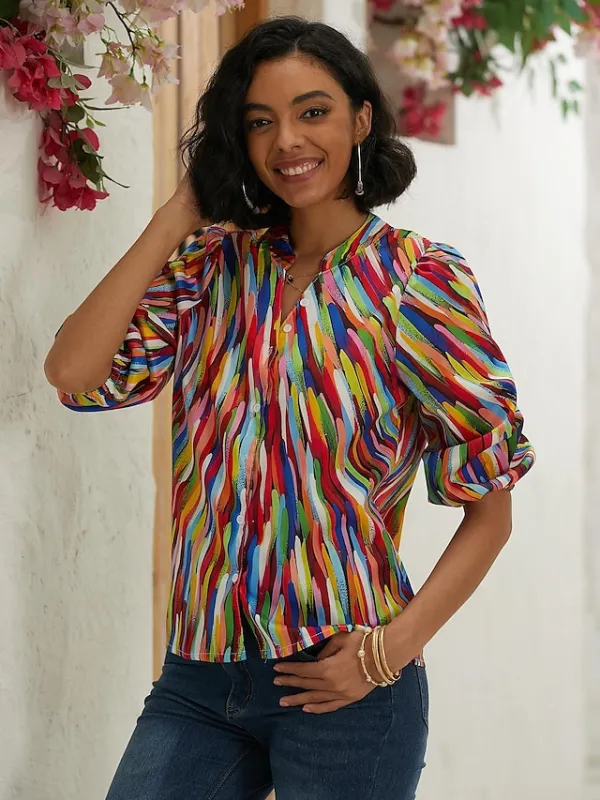 Women's Shirt Blouse Graphic Button Print Casual Basic Long Sleeve Standing Collar Blue Spring Fall