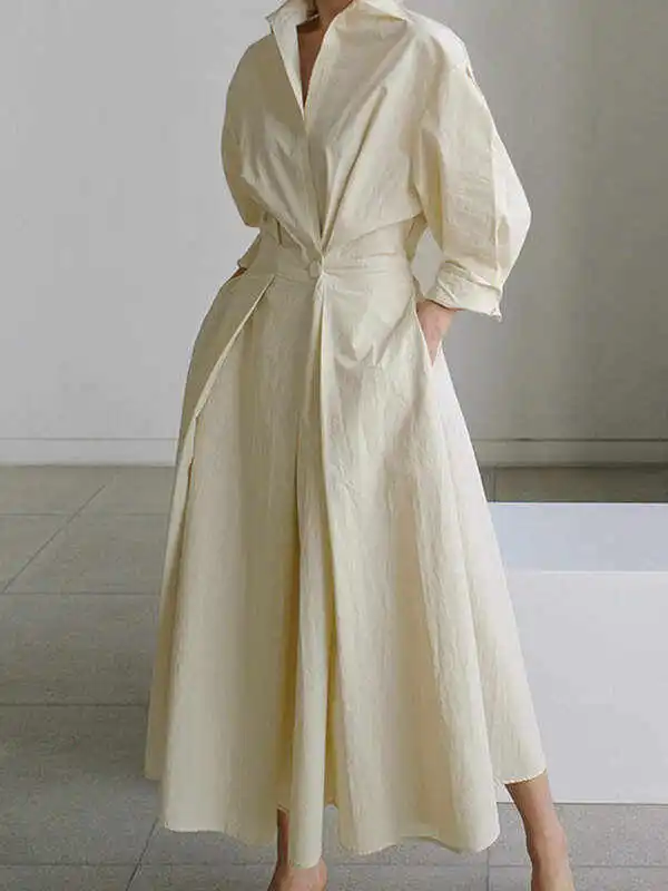 Original Solid Color Lapel Long Sleeves Midi Dress