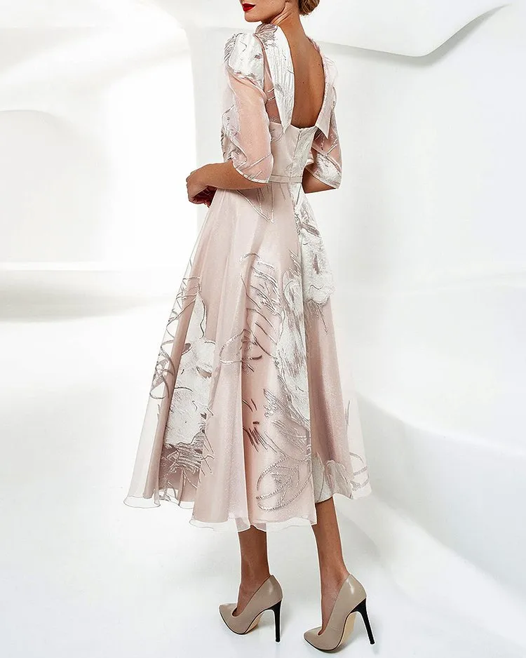 ELEGANT LACE MESH BROCADE MIDI DRESS