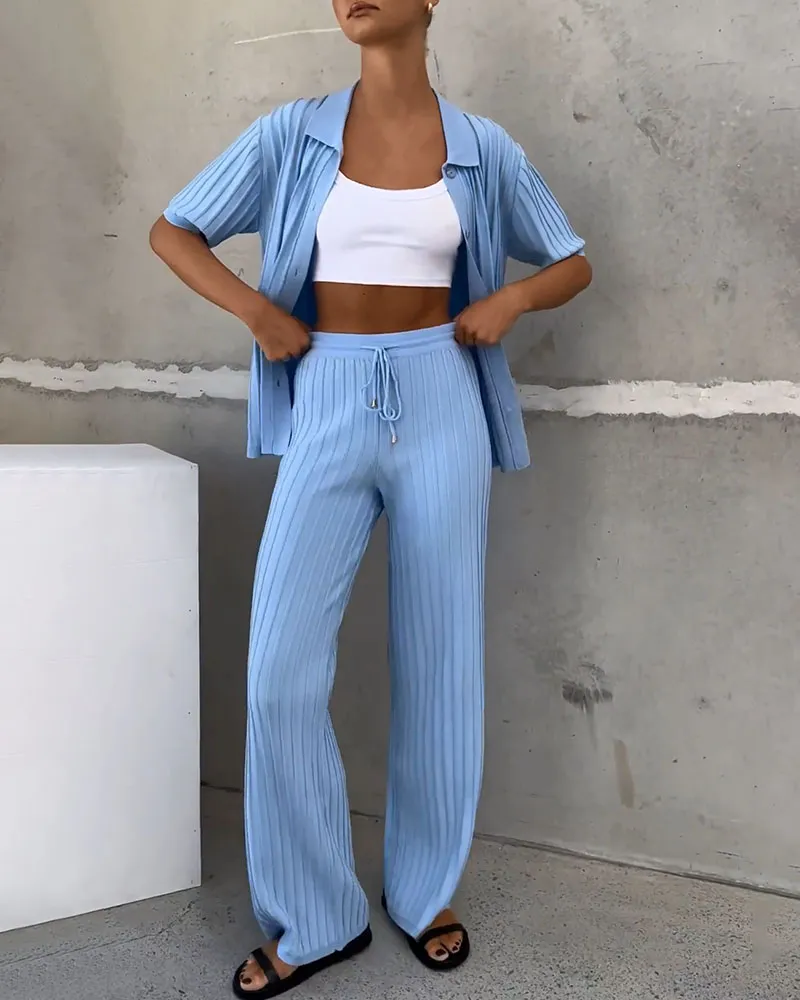 Blue Lapel Button Knit Two-Piece Set