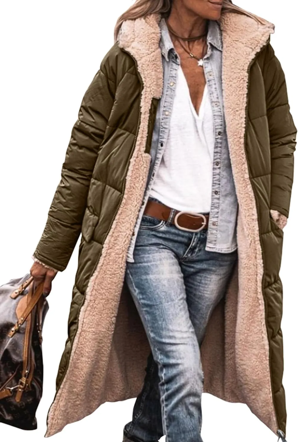 Women's Warm Winter Coats Reversible Sherpa Fleece Long Hooded Puffer Jackets Outerwear
