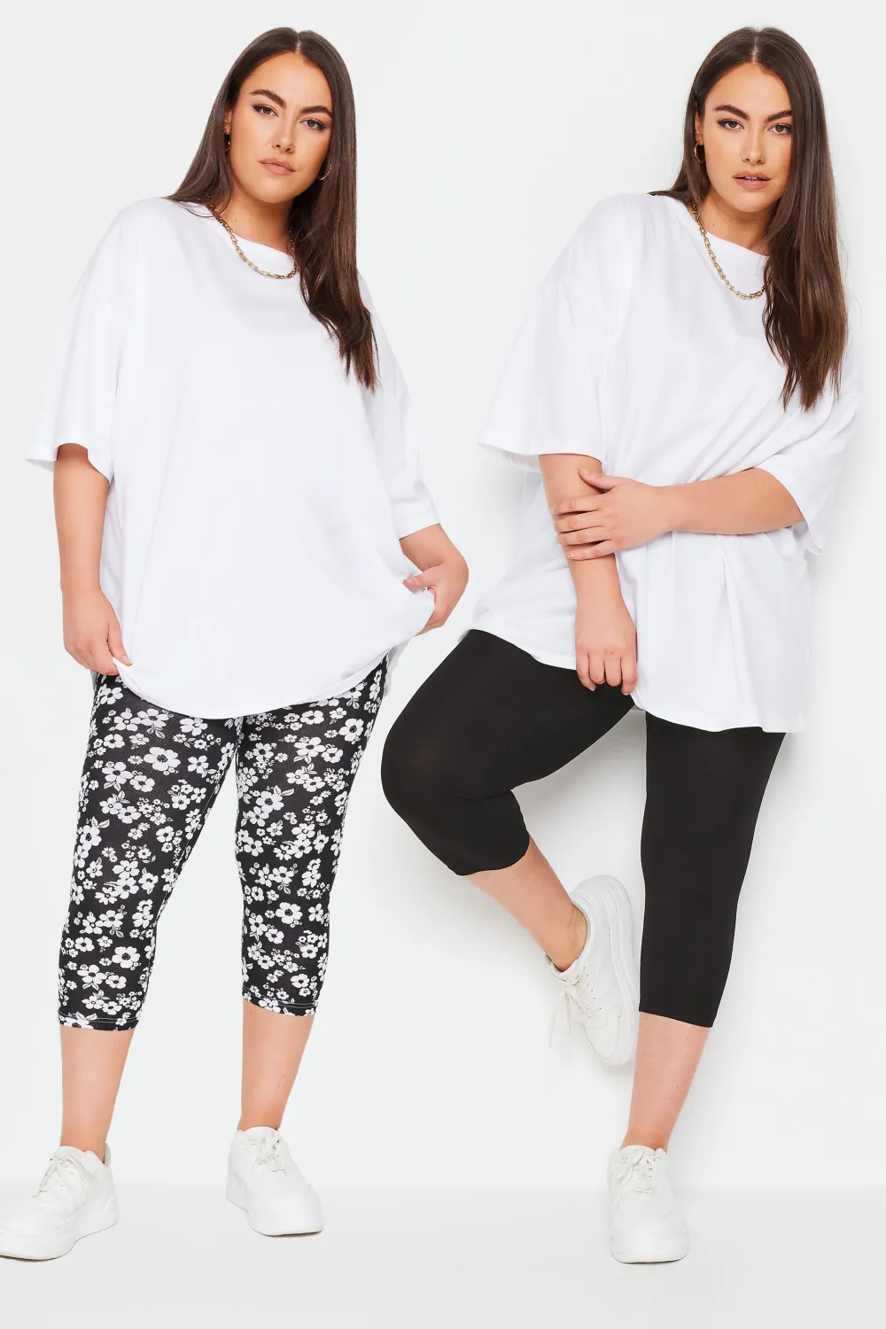 YOURS Curve 2 PACK Black & Blue Floral Print Cropped Leggings