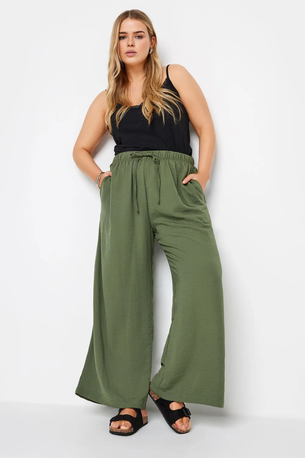 YOURS Curve Grey Twill Wide Leg Trousers