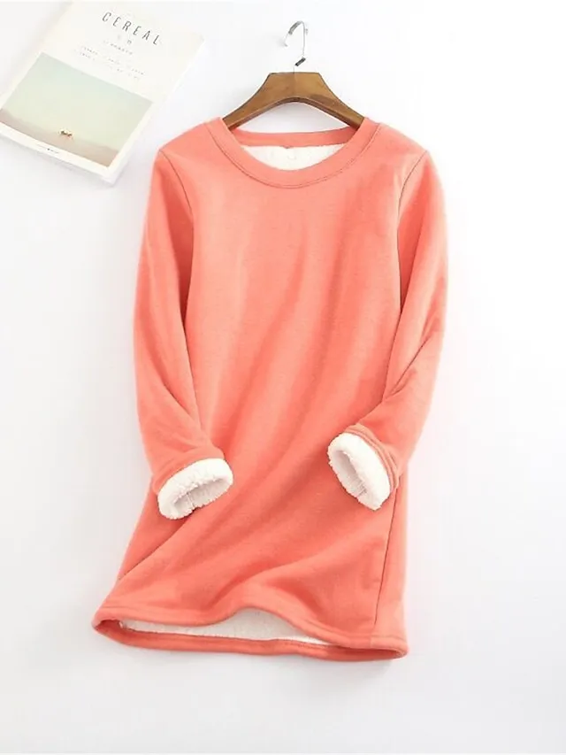 Women's Fleece Lounge Top Pure Color Warm Fashion Casual Home Street Daily Cotton Warm Crew Neck Long Sleeve Pullover Winter Denim Blue Melon red