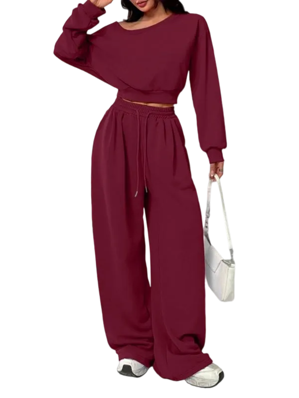 Women's Solid One-Shoulder Hoodie Set: Loose Knit, Long Sleeve Short Top