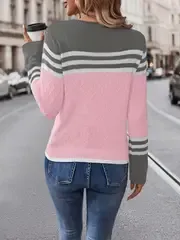 Color Block Boat Neck Knitted Top, Casual Long Sleeve Pullover Sweater For Fall & Winter, Women's Clothing