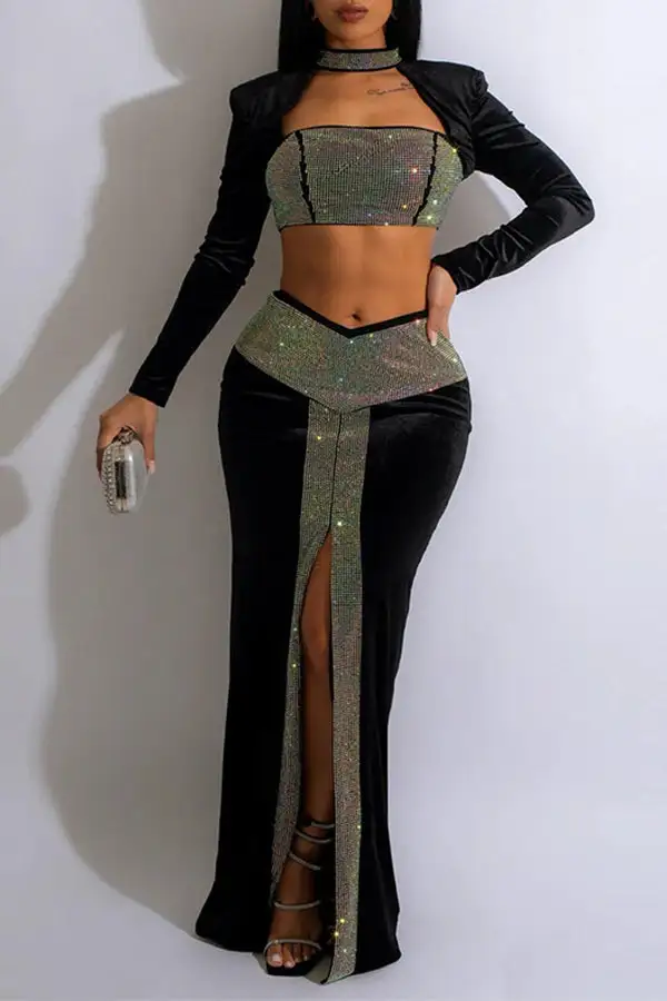 Rhinestone Patchwork Unique Cutout High Split Dress Suit