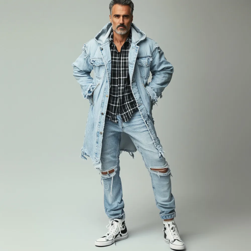 Men's Casual Single Breasted Pockets Raw Edge Denim Hooded Overcoat