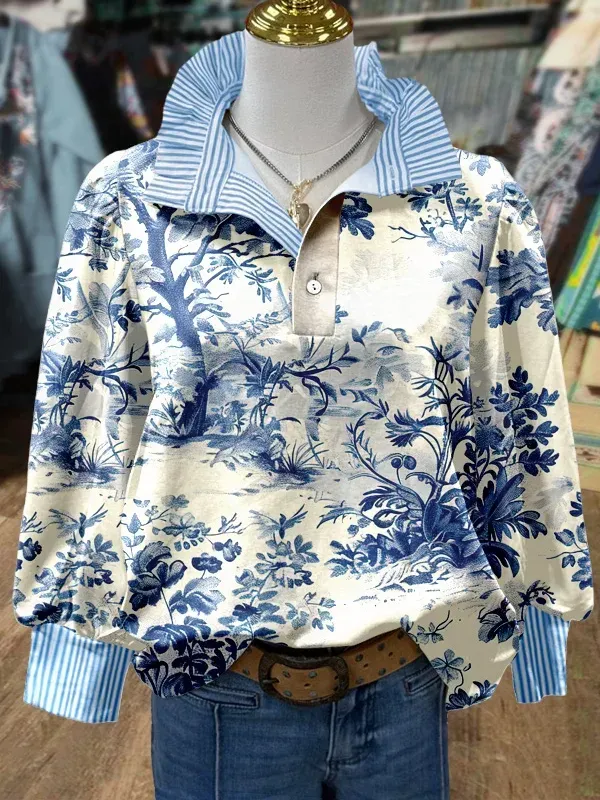 ✨Vintage Floral Print Striped Collar Top