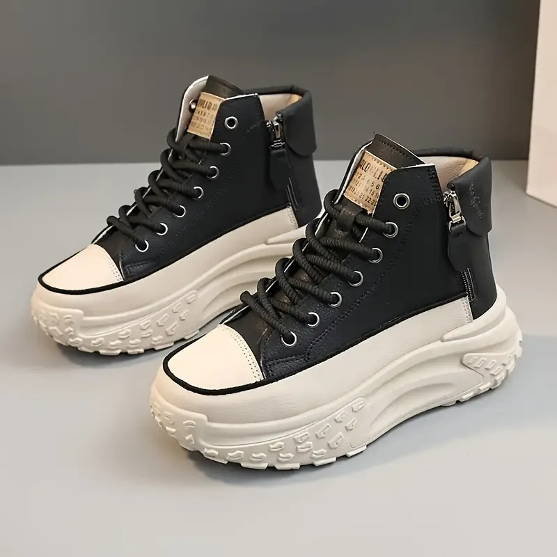 Womens Fashionable Platform Sneakers - Dual Lace Up & Zipper Closure - Refined High Top Skate Style - Padded Comfort for All-Day Wear - Instant Height Boost - Ideal for Sports & Casual Chic