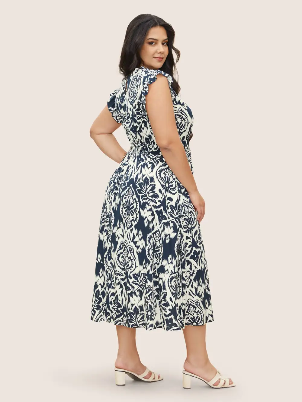 Boho Print Mock Neck Shirred Ruffle Cap Sleeve Dress