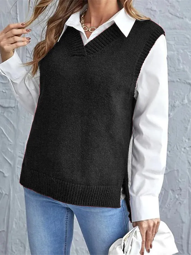 Women's Knitted Pure Color V Neck Sweater