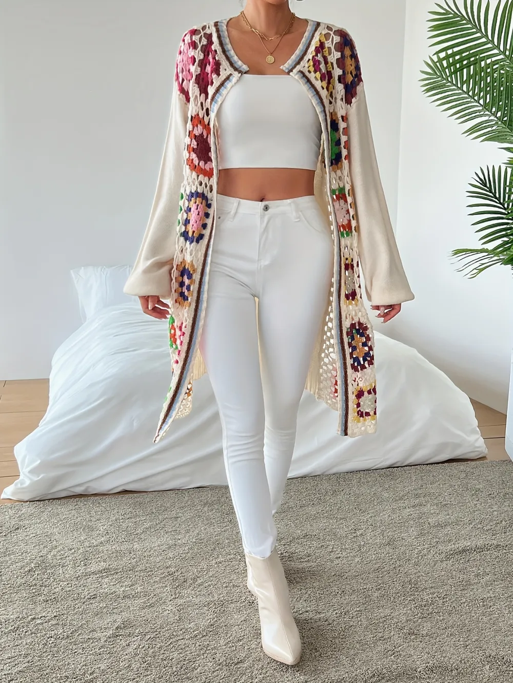 Colorful Crochet Open Front Cardigan, Versatile Drop Shoulder Long Sleeve Mid-length Cardigan For Spring & Fall, Women's Clothing