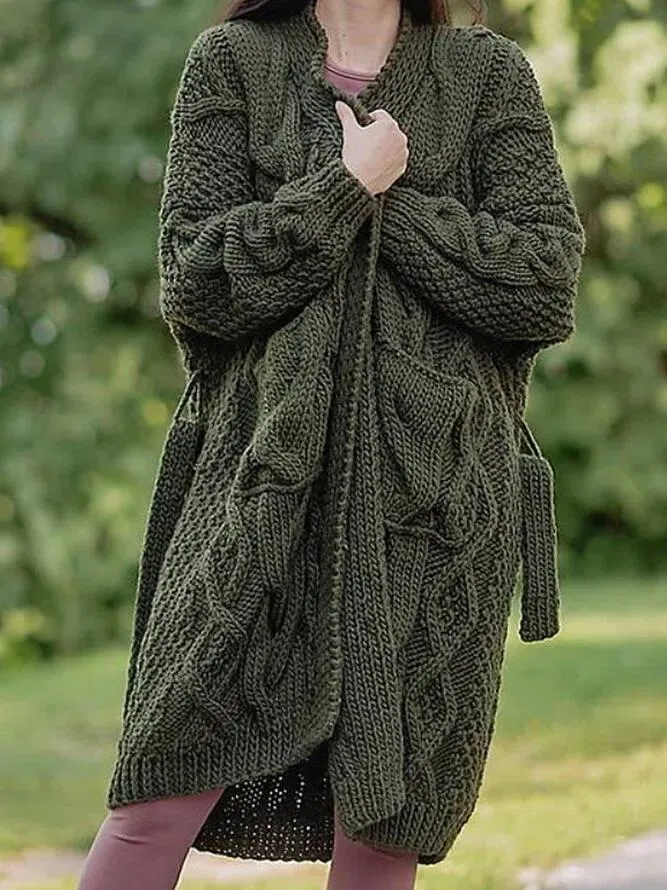 Plain Lace-Up Casual Sweater Coat