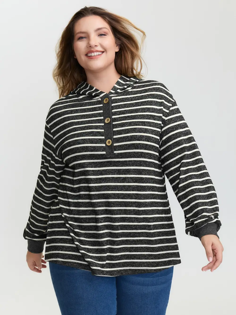 Striped Color Contrast Button Hoodie
