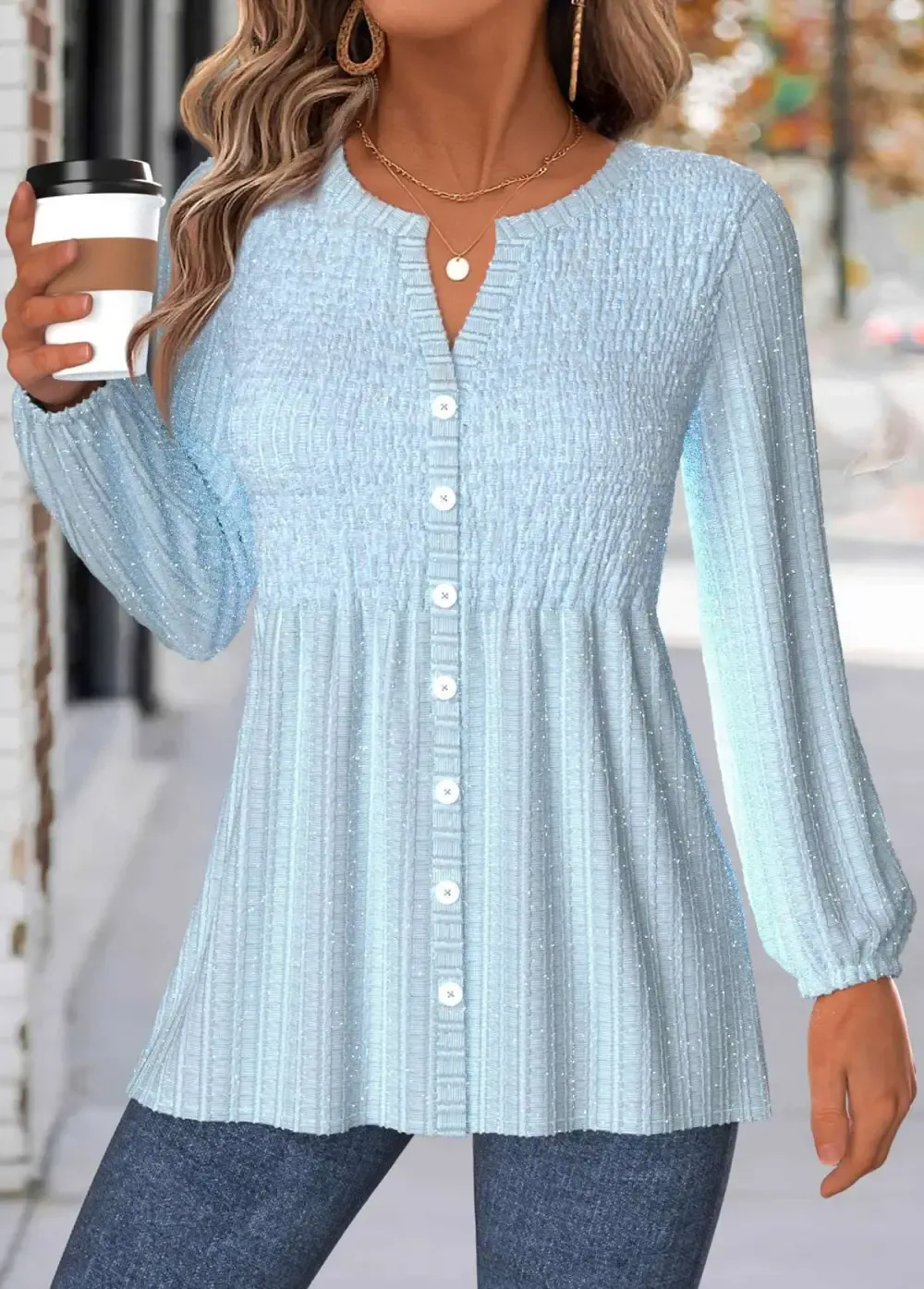 Light Blue Tummy Coverage Long Sleeve V Neck Blouse