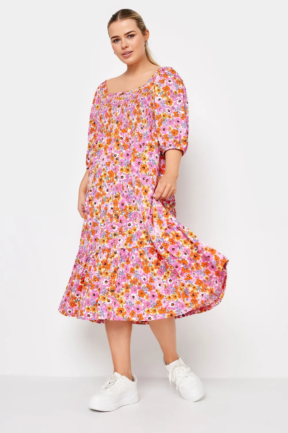 YOURS Curve Blue Floral Print Tiered Midi Dress