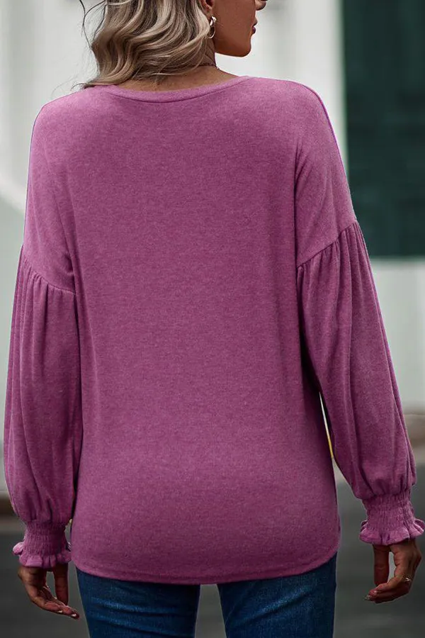 Smocked Bell Cuffs Long Balloon Sleeve Pullover