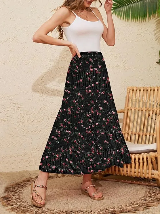 Women's High-Waisted Boho Chiffon Maxi Skirt with Pockets