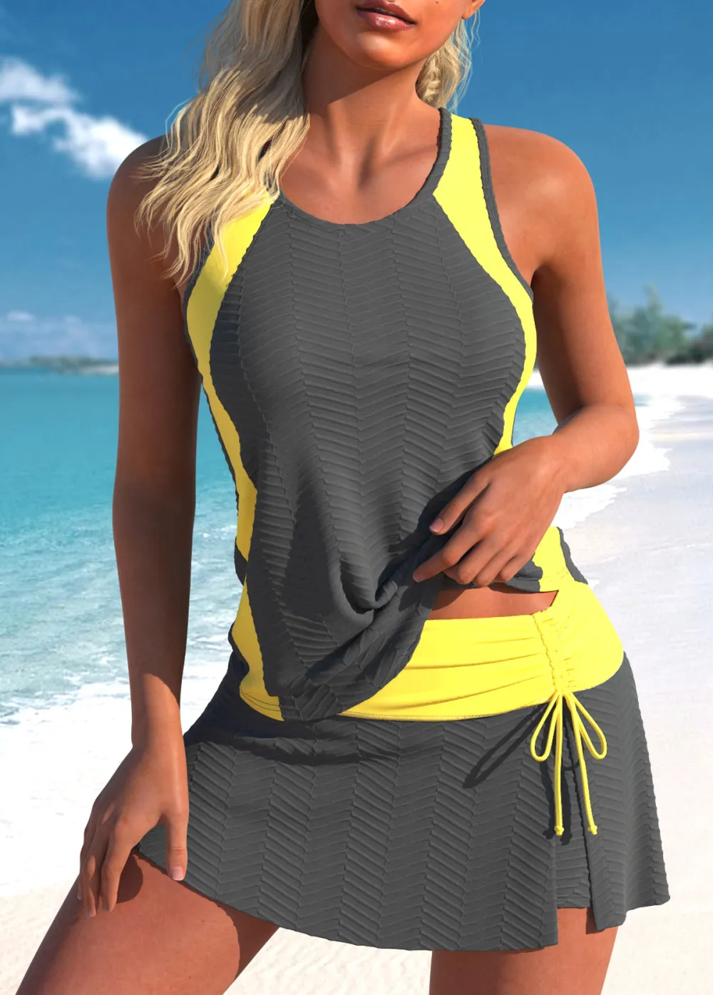 Cut Out Tropical Plants Print Cyan Tankini Set