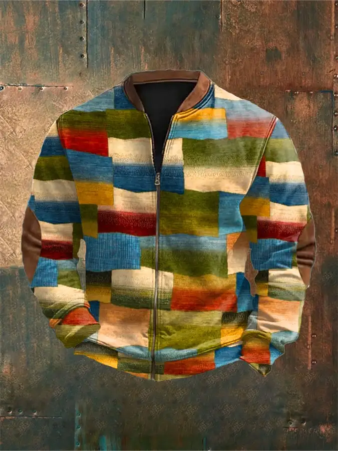 Men's Retro Western Contrast Pattern Zipper Stand Collar Cardigan