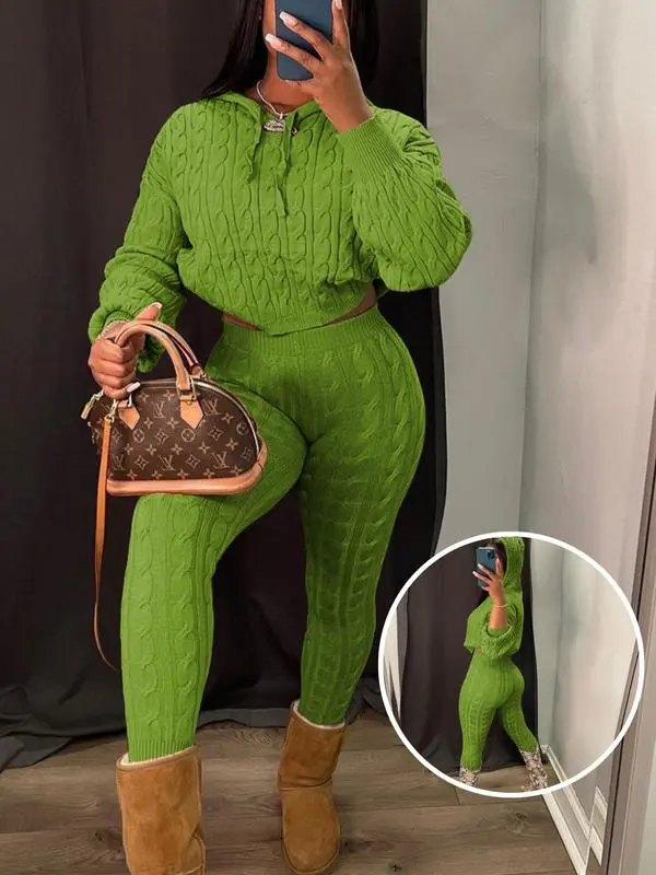 Two-piece Set Women's Solid Drop Shoulder Cable Knit Crop Sweater & High Waist Pants