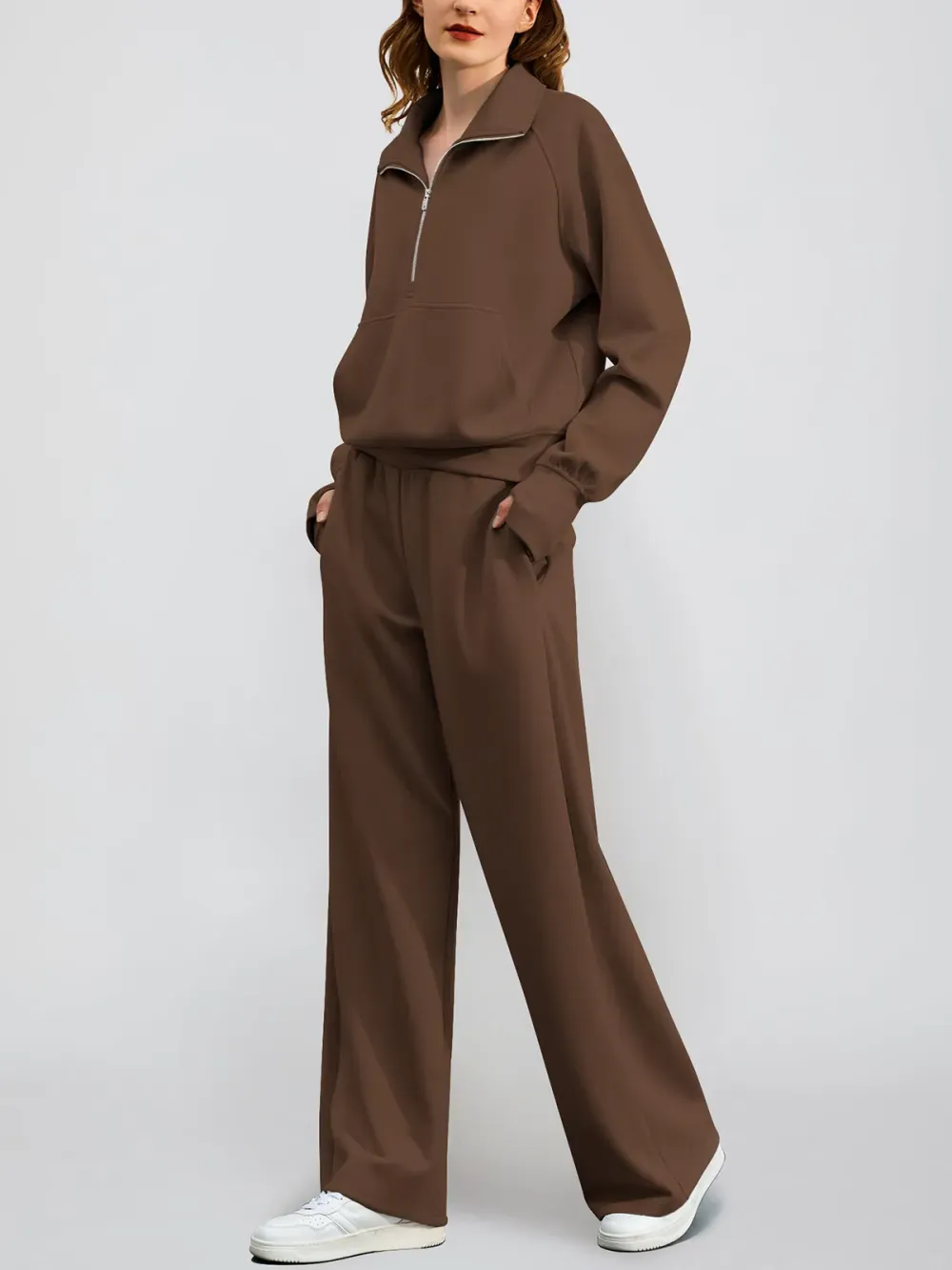 Women's Oversized Half Zip Wide Leg 2 Piece Outfits Lounge Set