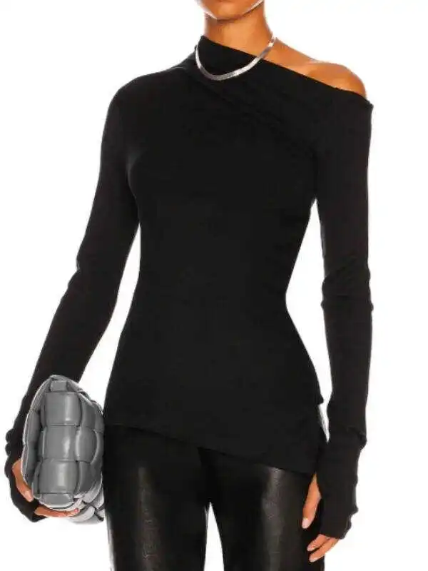Stylish Solid Color One-Shoulder Long Sleeves T-Shirt Top