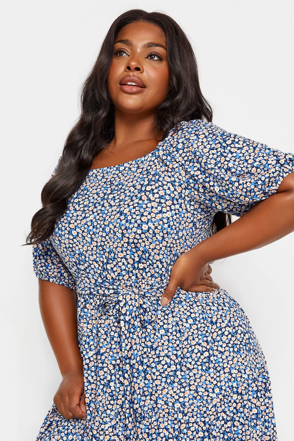 YOURS Curve Blue Ditsy Floral Tiered Maxi Dress