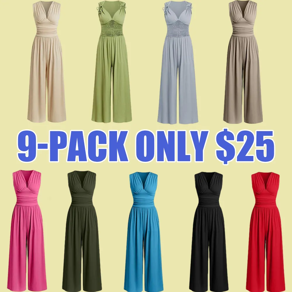 Women's Sleeveless Ruched V-Neck Ribbed Jumpsuit – Minimalist Wide-Leg One-Piece