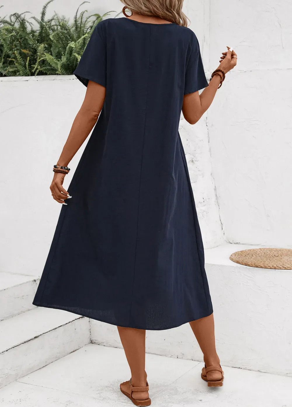 Navy Tuck Stitch Short Sleeve Round Neck Dress