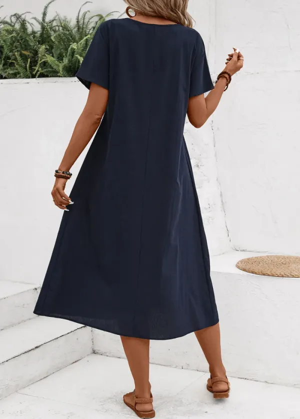 Navy Tuck Stitch Short Sleeve Round Neck Dress
