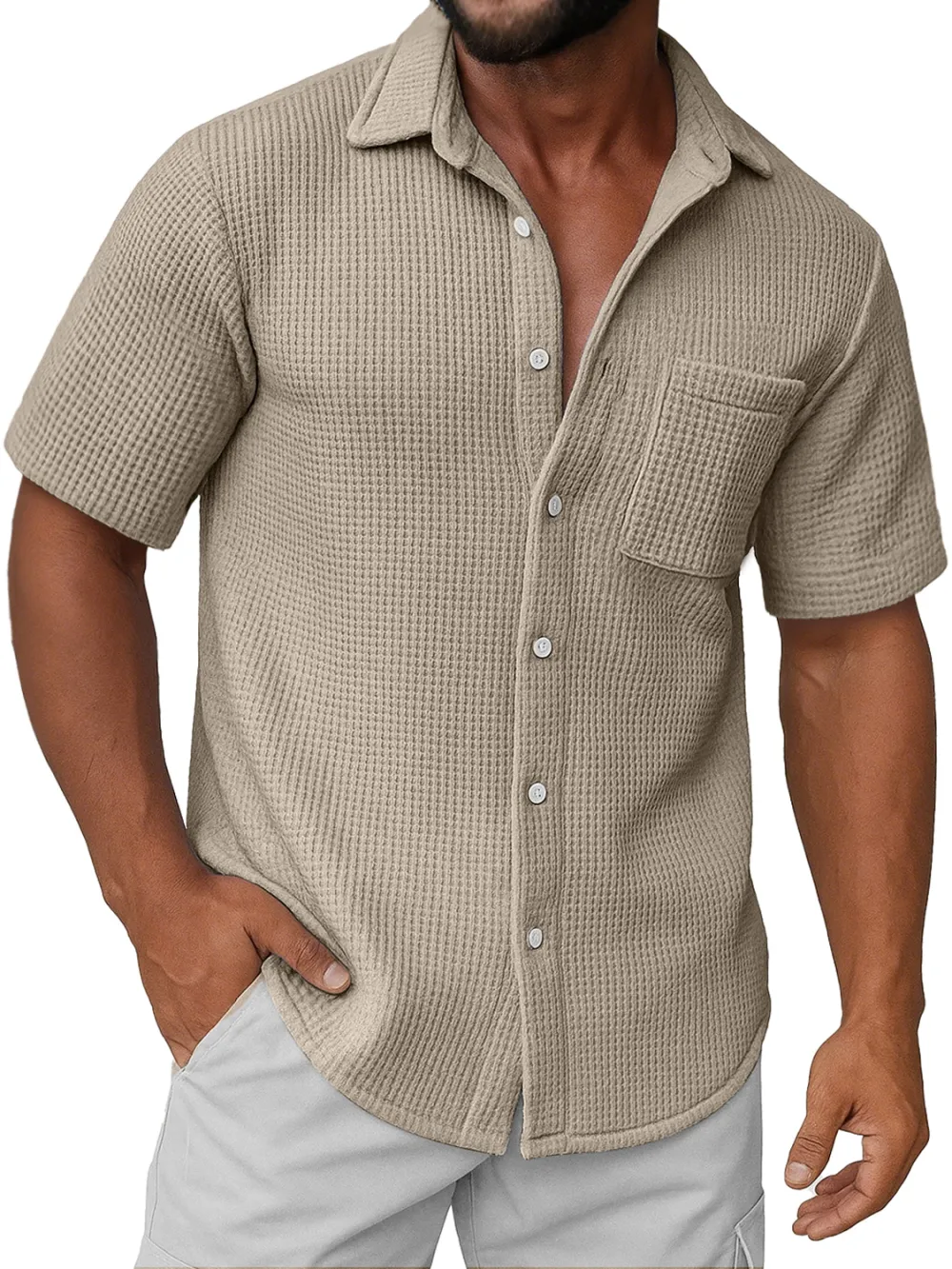 Men's Daily Waffle Texture Casual Pocket Comfort Short Sleeve Shirt