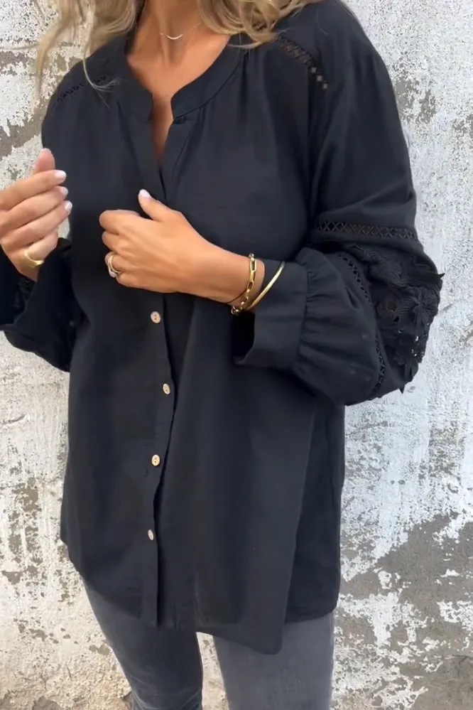 Women's Cotton And Linen Hollow Flower Pattern Shirt