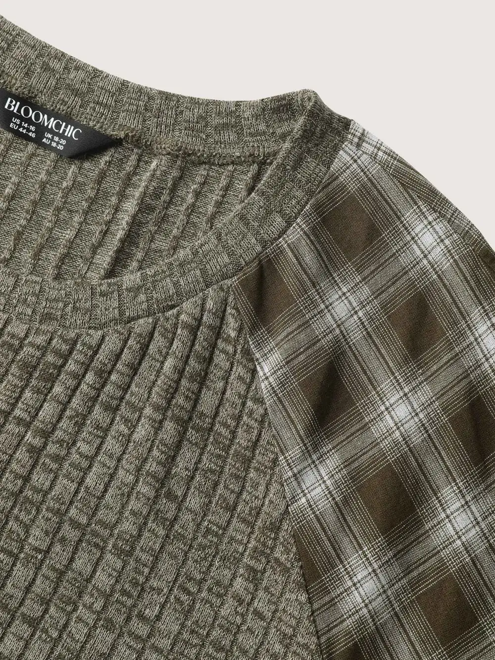 Plaid Sleeve Color Contrast Textured Sweatshirt