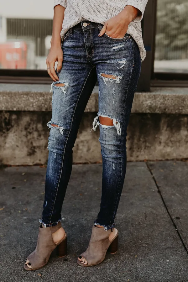 Buttoned Ripped Raw Hem Skinny Jeans