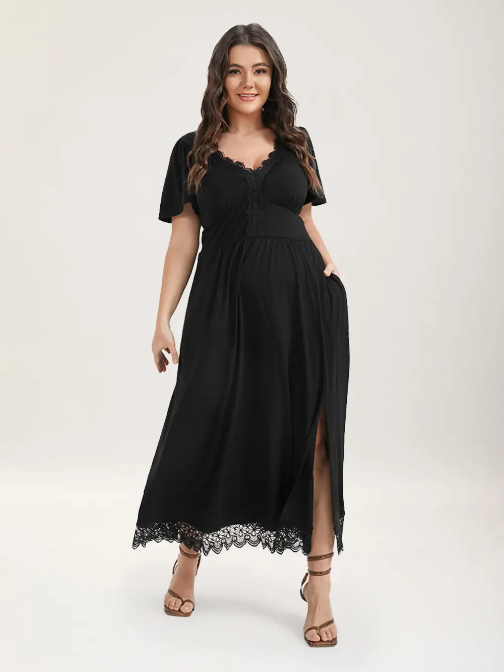 Solid Pocket Contrast Lace Split Maxi Dress