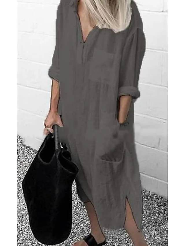 Women‘s Casual Dress Cotton Dress Shirt Dress Swing Dress Midi Dress Blue Yellow Red Long Sleeve Pure Color Pocket Summer Fall Spring Shirt Collar Basic Daily Weekend Loose Fit 2023 S M L XL XXL 3XL