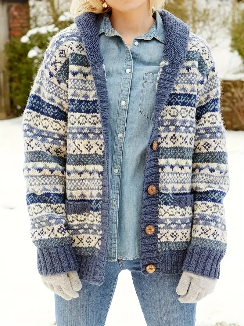 Women'S Tribal Pattern Knit Sweater Coat, Polyester 100% Long Sleeve Cardigan with Pockets, Elegant Ethnic Style Jacket for Fall/Winter