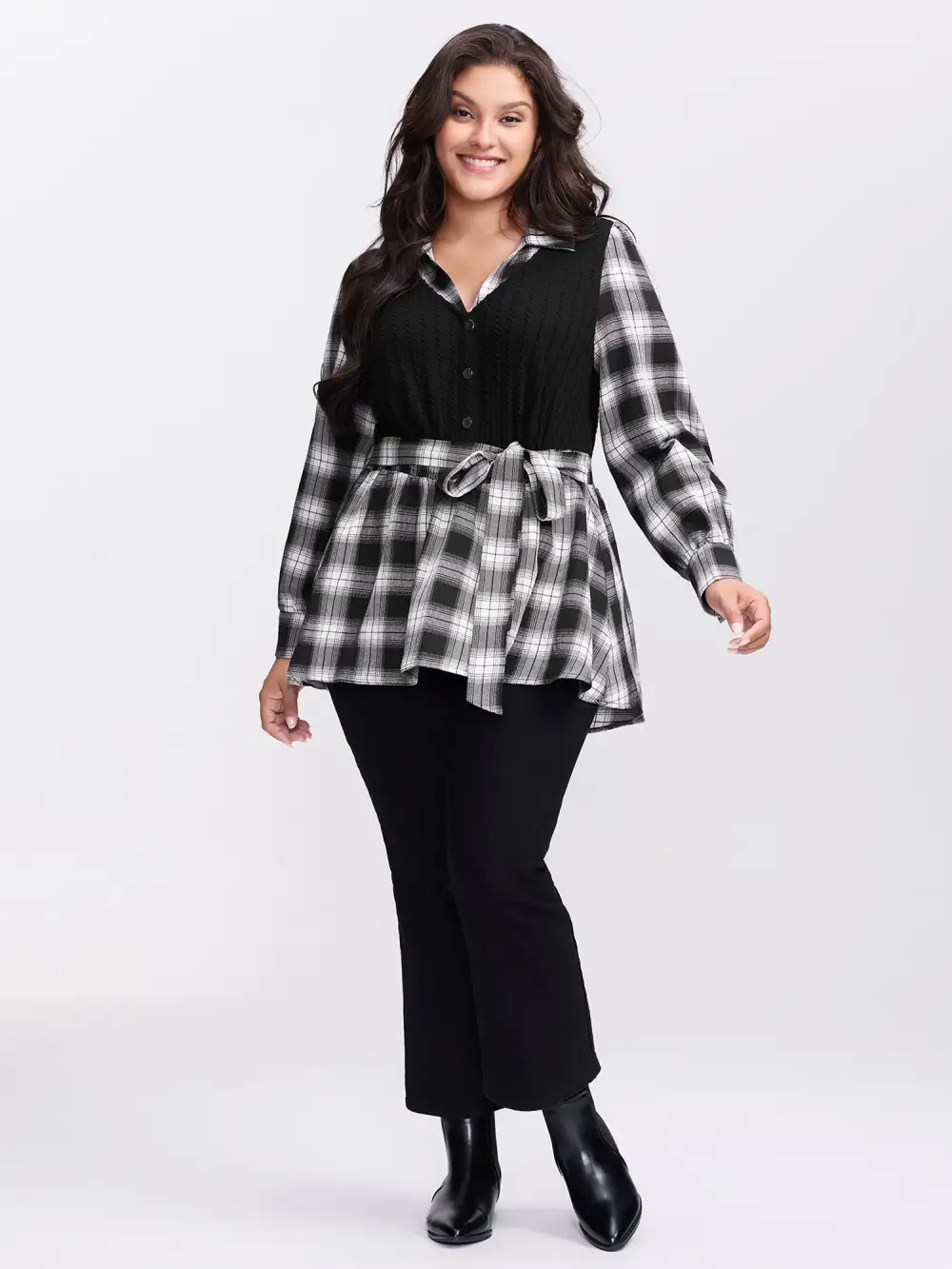 Checkered Faux-Layered Button Detail Blouse