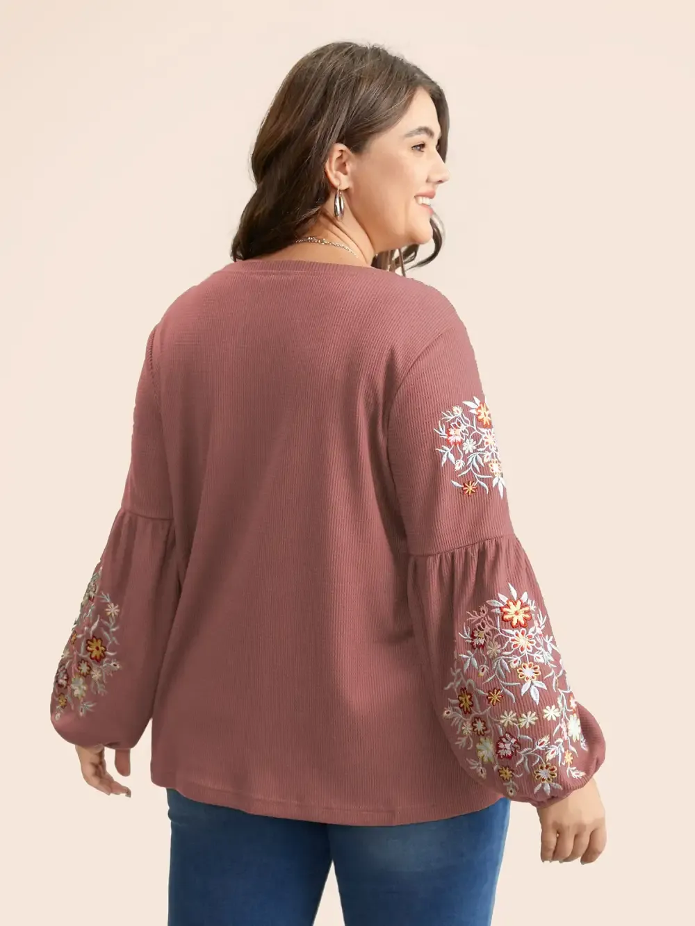 Waffle Knit Floral Embroidered Lantern Sleeve T-Shirt