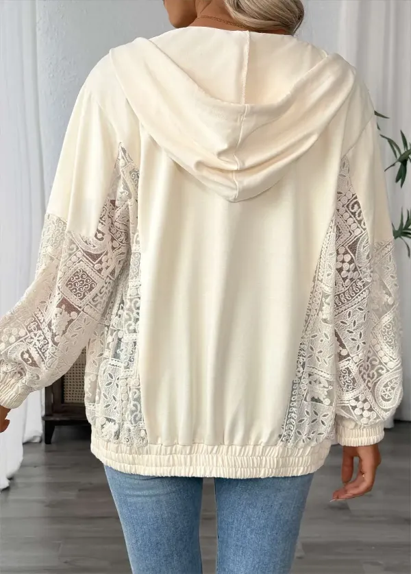 Beige Long Sleeve Pocket Zipper Hoodie