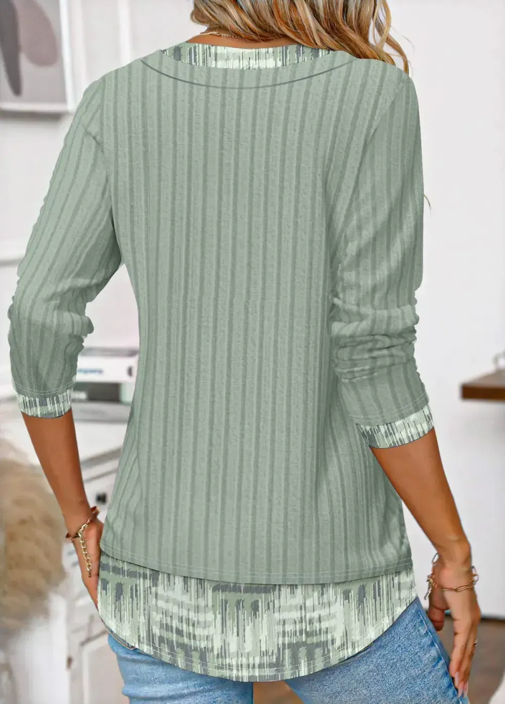 Sage Green Geometric Print Fake Two Piece Twinset