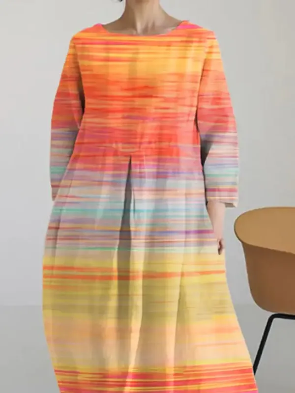 Women's Autumn Casual Gradient Cotton and Linen Long Sleeve Dress